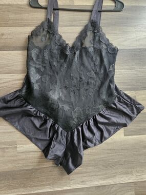 Lace-Overlay Satin Teddy Bodysuit - Black